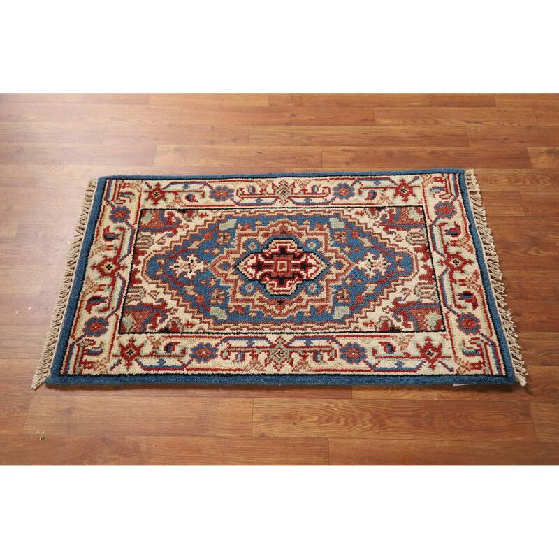 Hand Knotted Oriental 100% Wool Carpet Traditional Medallion Navy Blue & Blues Heriz (serapi) Area Rug - 3' 0'' X 2' 0''