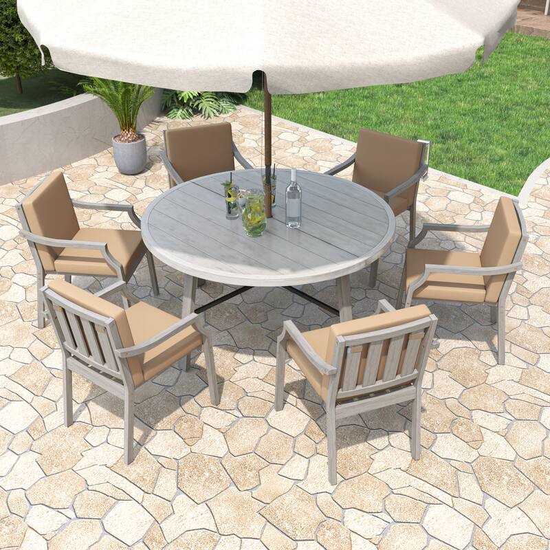 6-Person Outdoor Dining Set Wooden Umbrella Hole Removable Cushions Antique Gray