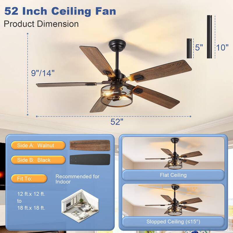 42-52Inch Caged Ceiling Fans with Lights: Dual Finish 5 Blades - Rustic with Remote Control (E26 Bulb Included)