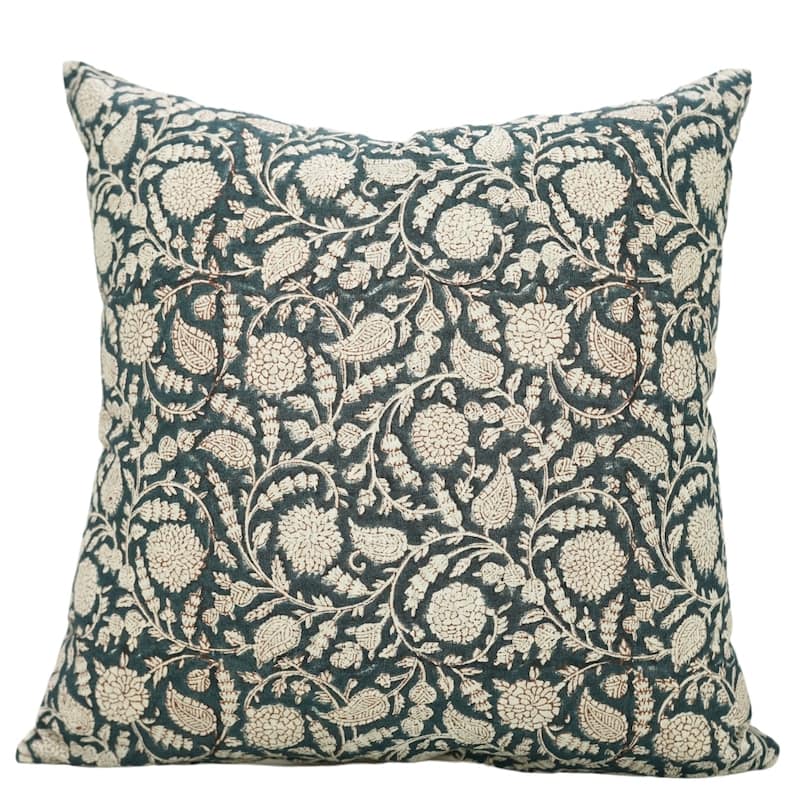 Fabdivine Handmade Dark Blue Block Print Cushion Cover Floral Linen for Living Room Sofa Chair Hotel, Home Decoration, Gopi - Gopi- Dark Blue, Brown - 22" x 22" - Pillow Covers