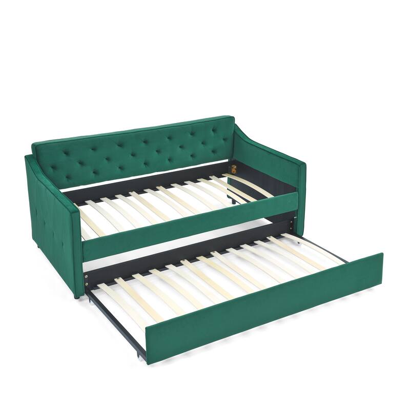 Roomfitters Twin Upholstered Daybed with Twin Trundle, Tufted Backrest and Elegant Waved Arms