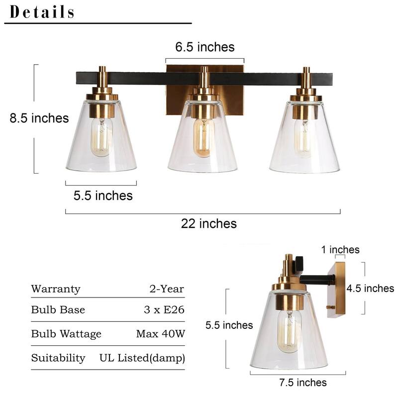 3-Light Mid-Century Modern Black Gold Bathroom Vanity Lights Clear Glass Wall Sconces