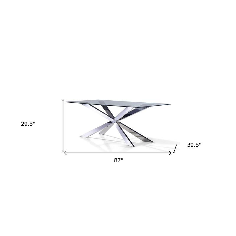 HomeRoots 87" Clear and Silver Glass and Metal Cross Leg Base Dining Table - 87.00 in. x 29.50 in. x 39.50 in.