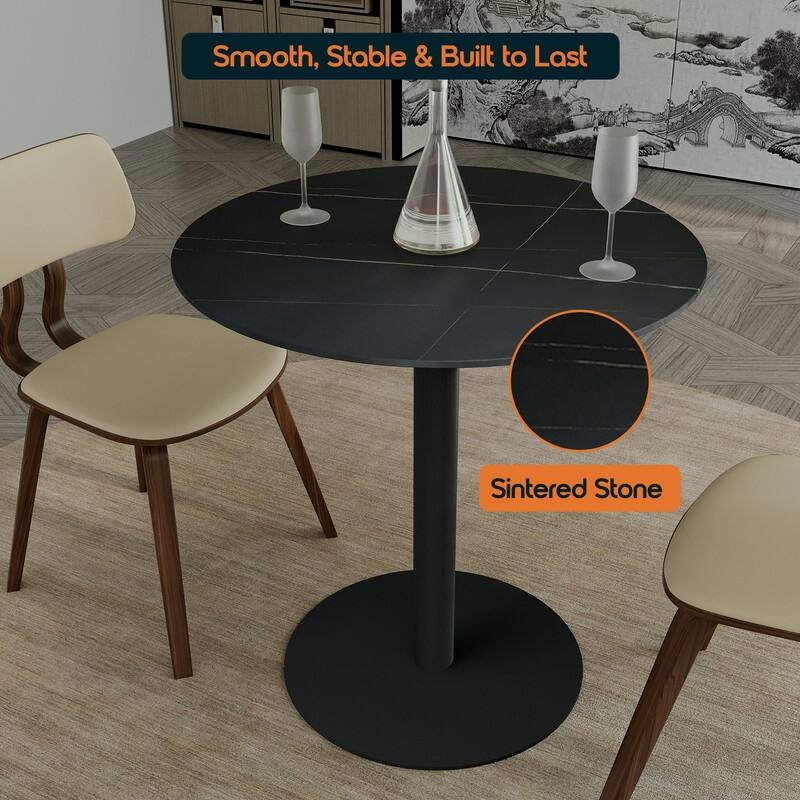 Vail Round Dining Table 27 in. Sintered Stone Tabletop in Black Stainless Steel Round Pedestal Base for Kitchen and Dining Room