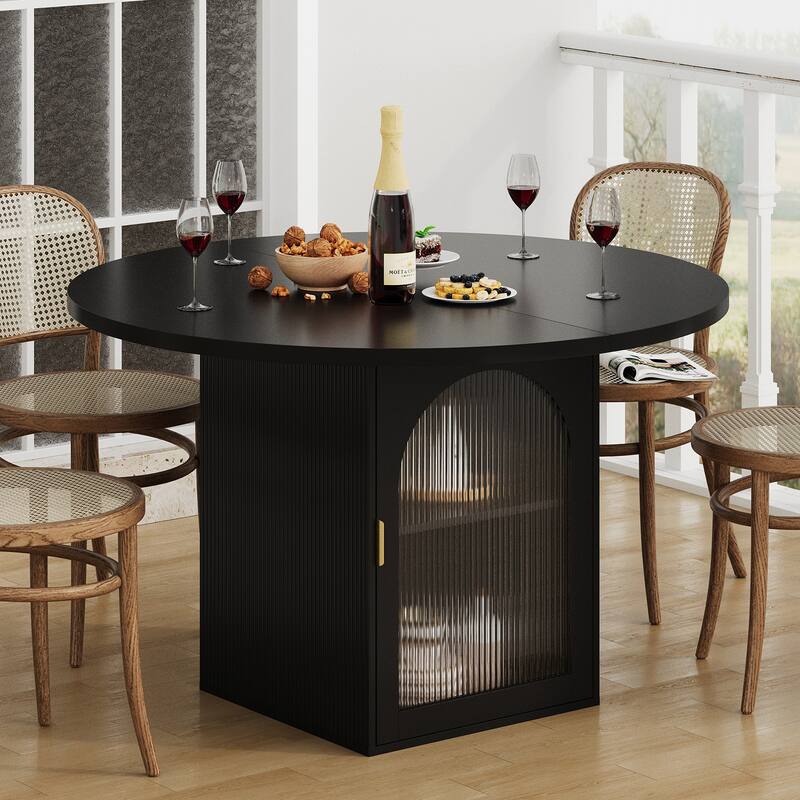 Round Dining Table with Built-In Storage Cabinet, Wood Kitchen Table for 4-6 People, Coffee Table with Ribbed Glass - Black
