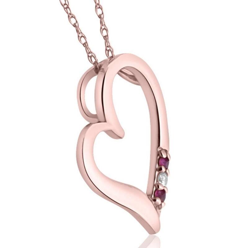 Diamond & Ruby Heart Pendant 3-Stone Rose Gold with 18" Chain