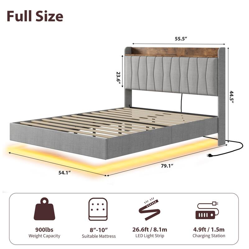 Floating Bed Frame Full with LED Lights & USB Charging Station – Modern Upholstered Platform Bed with Headboard