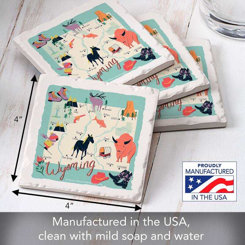 Wyoming 4-Pack Absorbent Stone Coasters with Protective Cork Backing 4" Square Made in The USA Artistic Easily Wipes Clean