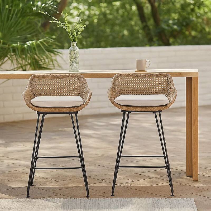 Outdoor Barstool Chair Set of 2, Beige Fabric, Brown Rattan, Black