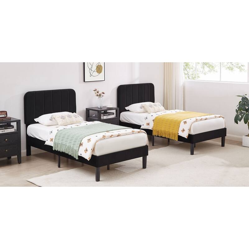 Kids Bed Frame, Height Adjustable Upholstered Bed, Twin Size Bed Set of 2 - Black - Set of 2