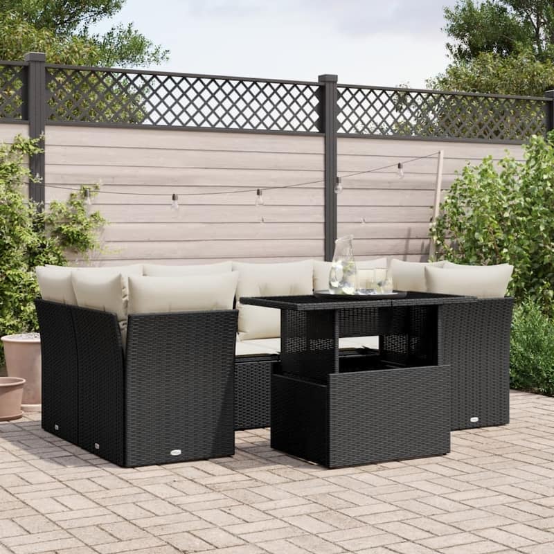 vidaXL Patio Sofa Set with Cushions Outdoor Furniture 7 Piece Poly Rattan - 21.7 x 39.4 x 28.7 in - Black and cream