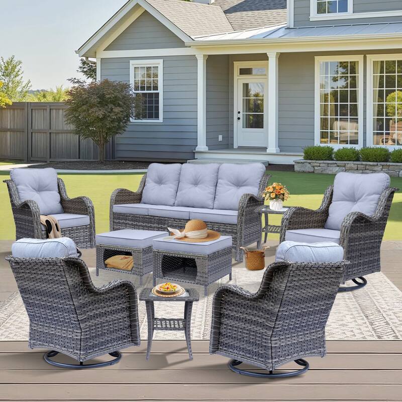 Gray Rattan Outdoor Patio Conversation Sets with Swivel Rocker Chairs