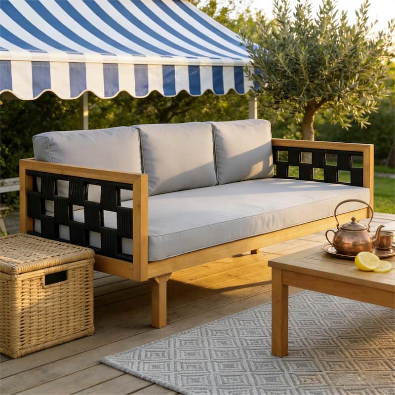 Christopher Knight Home - Modern Outdoor Patio Acacia Wood 3-Seater Daybed Sofa with Cushions, Rope Square Armrest & Teak Finish - Teak Finish+Light Grey Cushion & Black rope