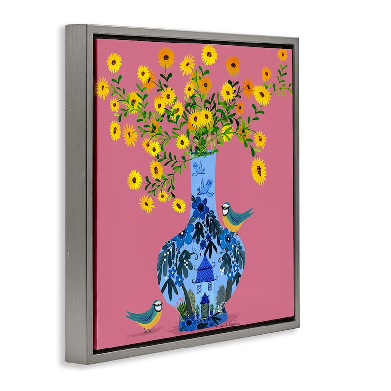Stupell Ornate Vase with Daisies Framed Floater Canvas Wall Art Design By Kay Widdowson