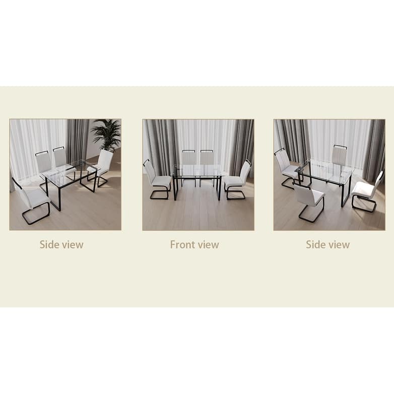 Modern 5-Piece Dining Set with Rectangular Glass Table & High Back Metal C-shaped Tube Chairs