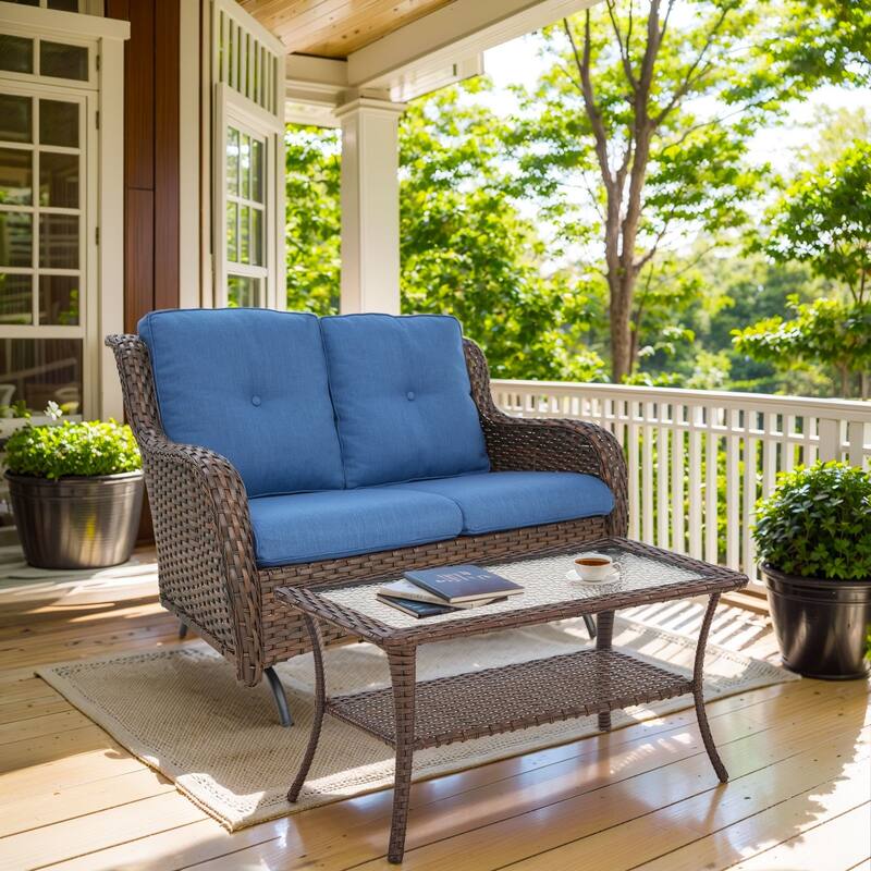 Pocassy Outdoor Glider 2-Seat Sofa with Soft Cushion - Brown Rattan - Blue Cushion - 2PCS Glider Sofa with Table