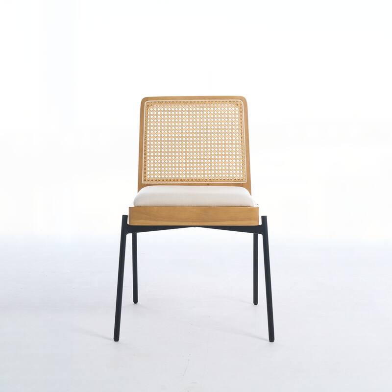 Accent Linen Dining Chairs with Rattan Backrest,Set of 2
