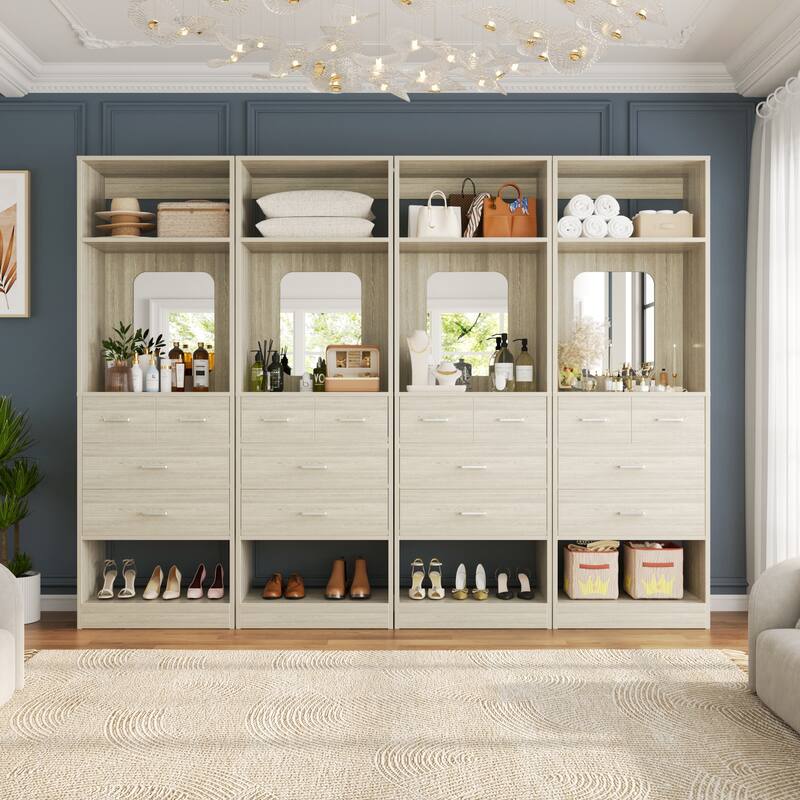 Cimly 25''W Closet Organizer with Mirror and Drawers, Freestanding Closet System for Walk-in/ Reach-in Closet - Washed Oak - Set of 4
