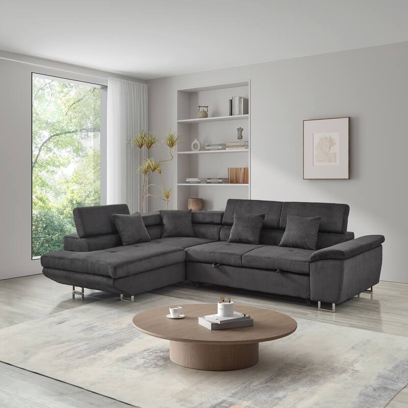 104.3" Pull Out Corduroy Sofa Bed with Storage Chaise - Grey-Left Chaise