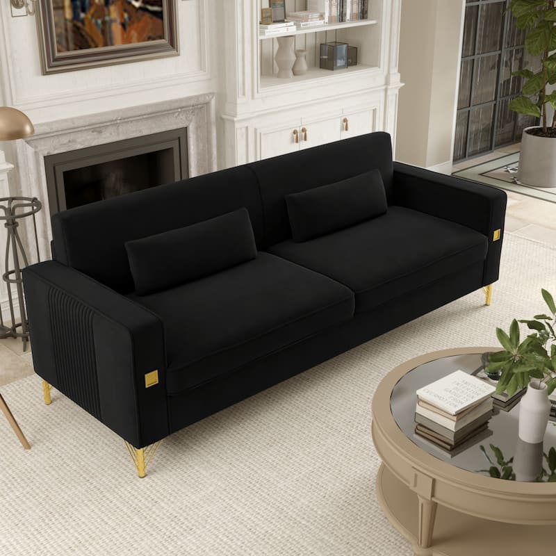 Black Modern 85.63" Velvet 3-seater Sofa with Gold Accents and Plush Cushions for Living Room