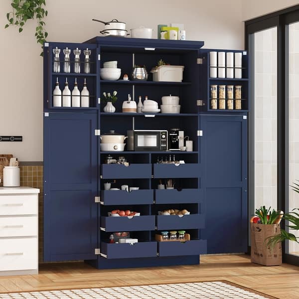 slide 2 of 32, Roomfitters 71 Inch Freestanding Kitchen Pantry with 8 Pull-Out Trays and Door Shelves, Shaker Cabinet