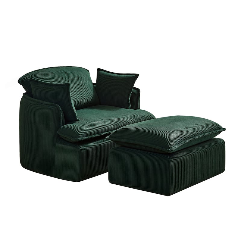 Green Corduroy Sofa with Foam Frame and Ottoman, Compact Modern Design - 47.24" x 35.43” x 37.4"