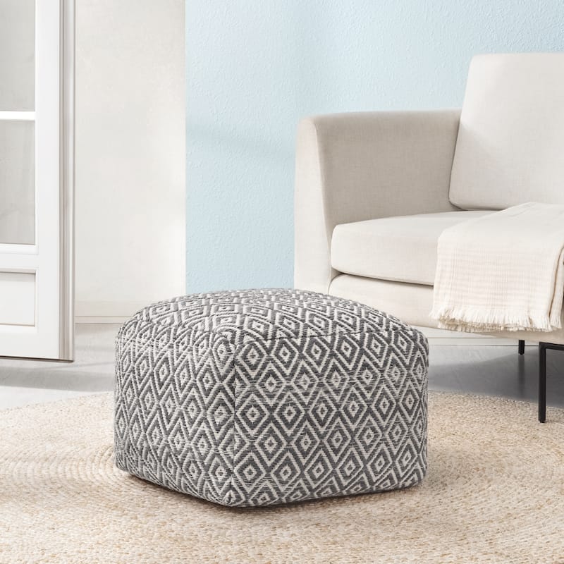 Jani 22-inch Ottoman Pouf - Handcrafted Handmade Ottoman for Seating, Footrest, Home Decor for Living Room, Bedroom - Charcoal/Ivory