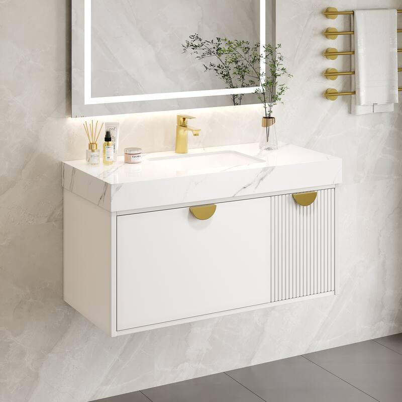 36" Single Bathroom Vanities with Sintered StoneTop, Wall Mount Vanities with Ample Storage - White
