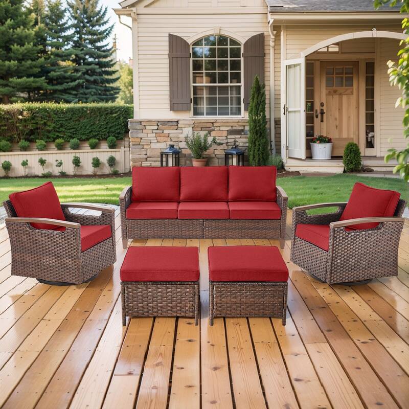 Pocassy Outdoor Patio Sofa Chair Ottoman Table Furniture Set - Red Cushion - 3-Seat Sofa with Swivel Chair Ottoman Set