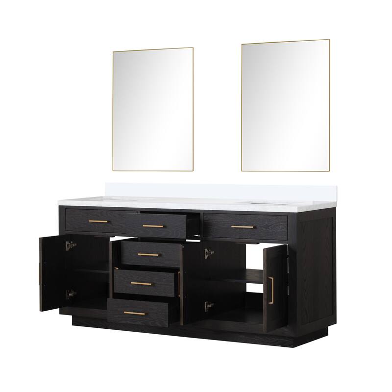 Abbey 60 in W x 22 in D Black Oak Double Bath Vanity, Cultured Marble Top, and 28 in Mirrors