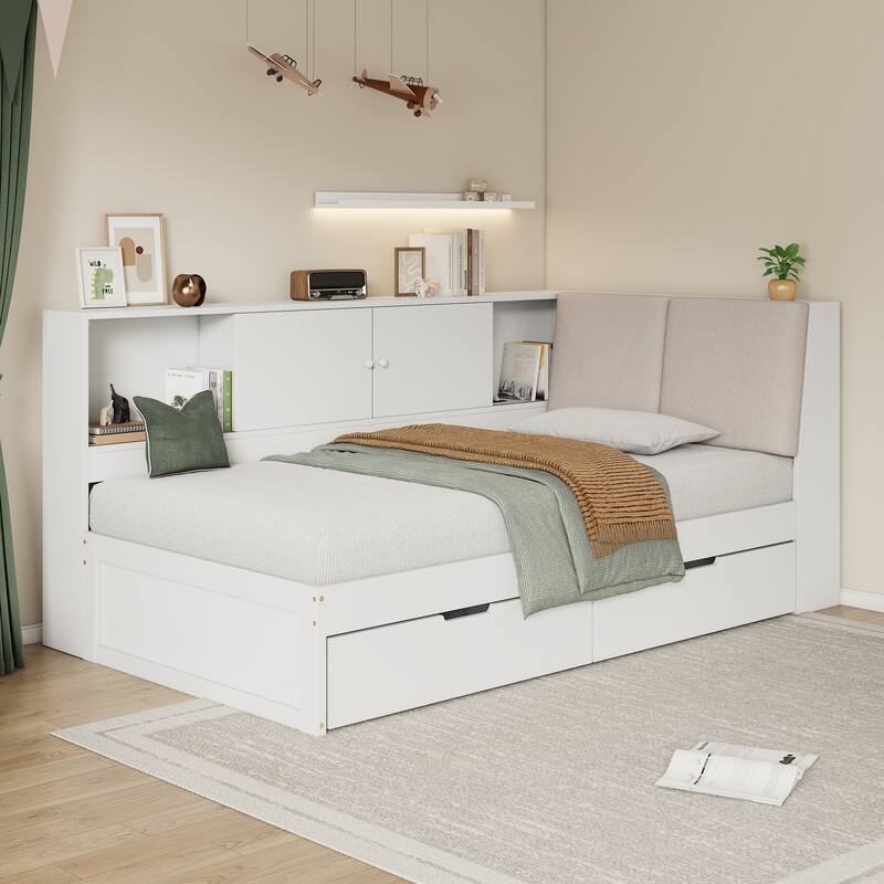 L-shaped Daybed Wooden Corner Sofa Bed Frame with Sliding Doors Bookcase Captains Bed, Upholstered Headboard Built-in Storage