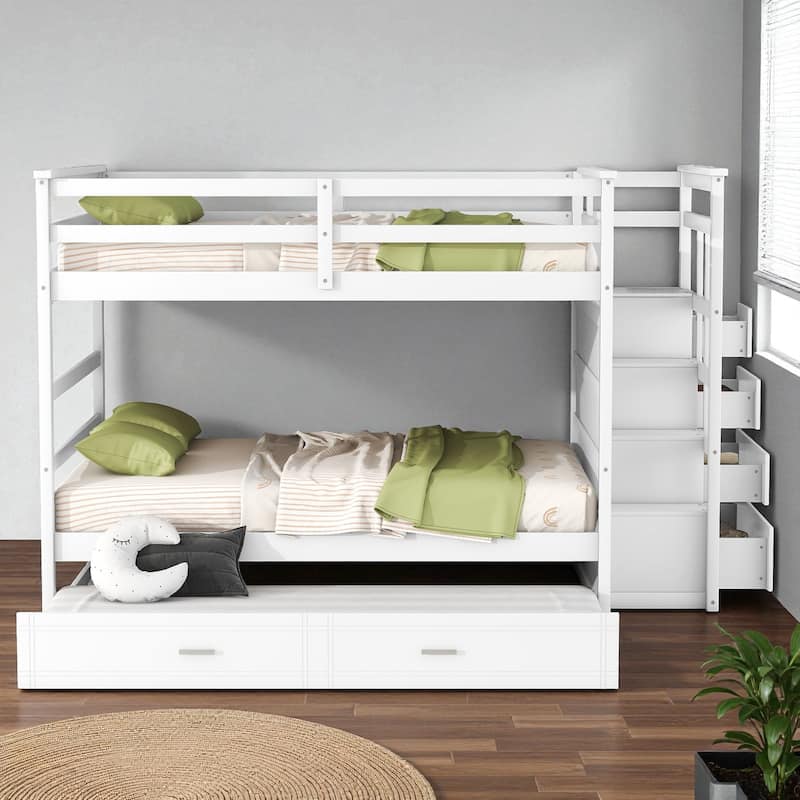 Full Over Full Bunk Bed with Twin Trundle and Storage Staircase, Solid Wood Frame, Space-Saving Design - White - Full