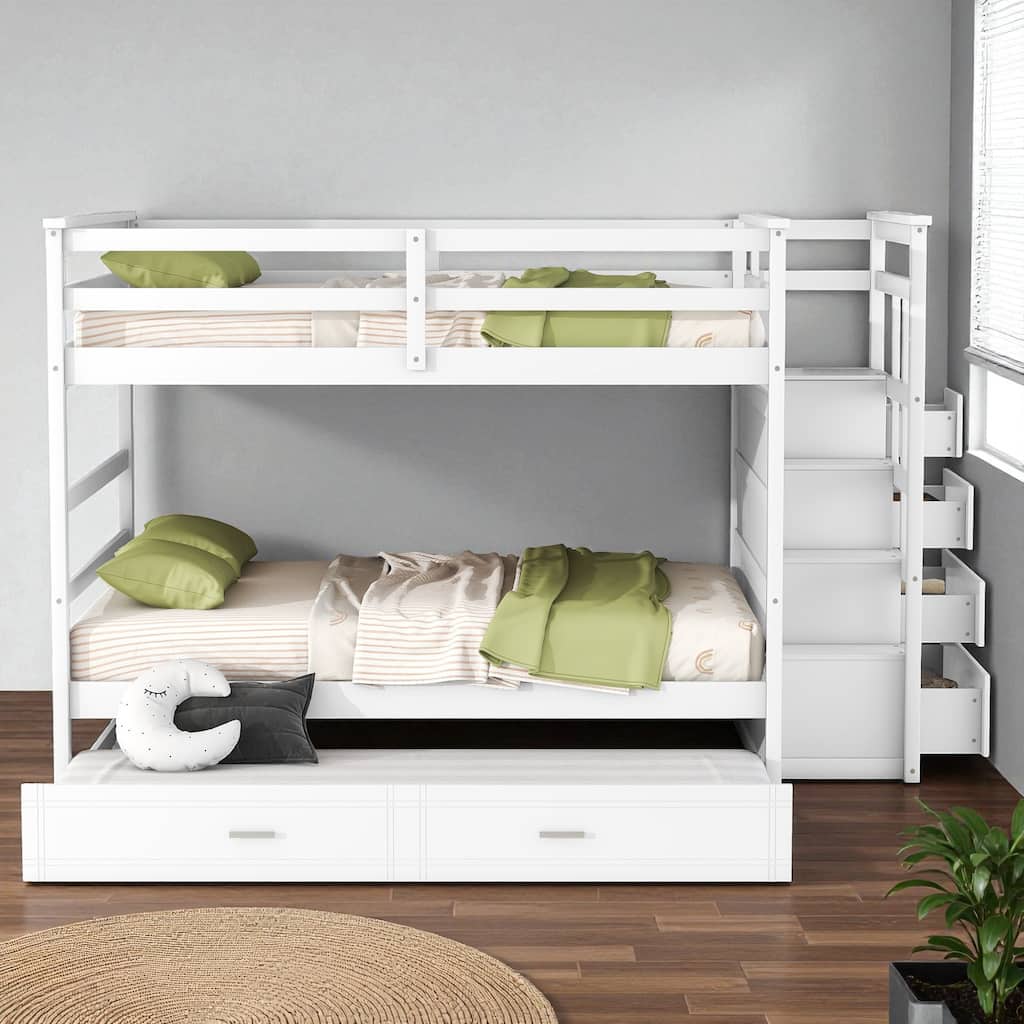 Full Over Full Bunk Bed with Twin Trundle and Storage Staircase, Solid Wood Frame, Space-Saving Design