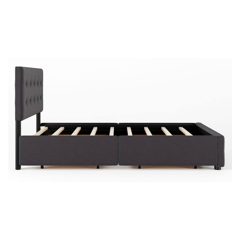 Upholstered Platform Bed with Classic Headboard and 4 Drawers, No Box Spring Needed, Linen Fabric, Queen Size