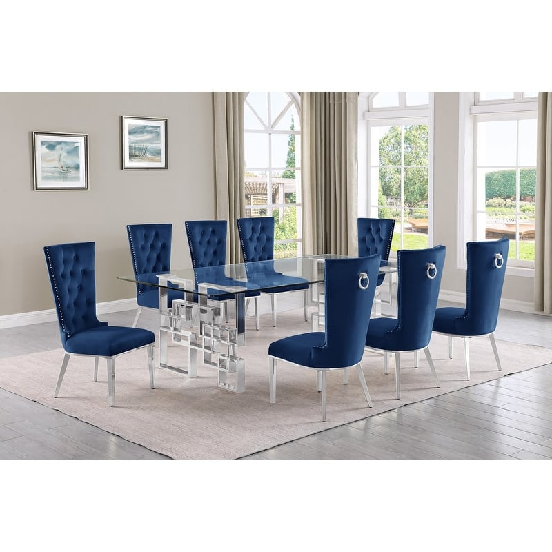 Best Quality Furniture D223/4-SC330-7 Dining Set with 95" 15mm Glass - 9-Piece - Navy Blue / Silver