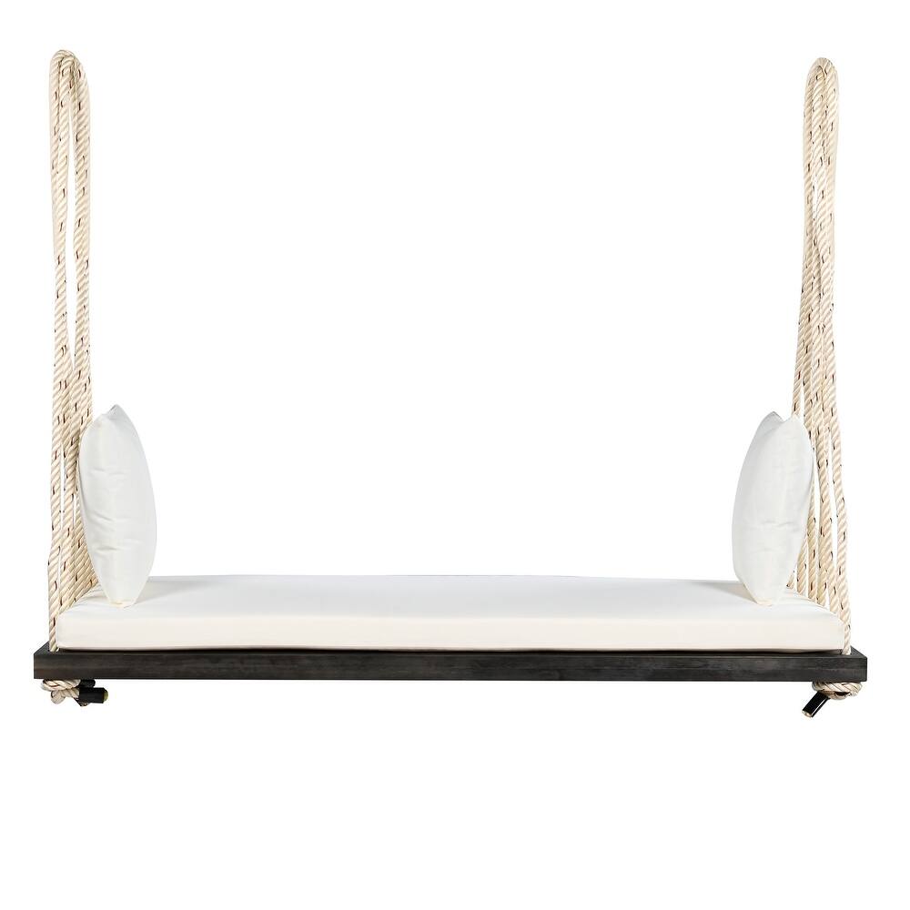 Acacia Wood Swing Chair, Hanging Porch Bench with Cushion & Pillows, 400lb Capacity & 10.8ft Ropes