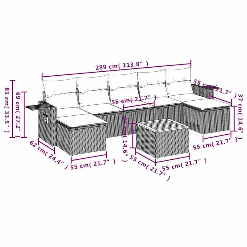 vidaXL 8 Piece Patio Sofa Set with Cushions Black Poly Rattan - 21.7" x 24.4" x 27.2"