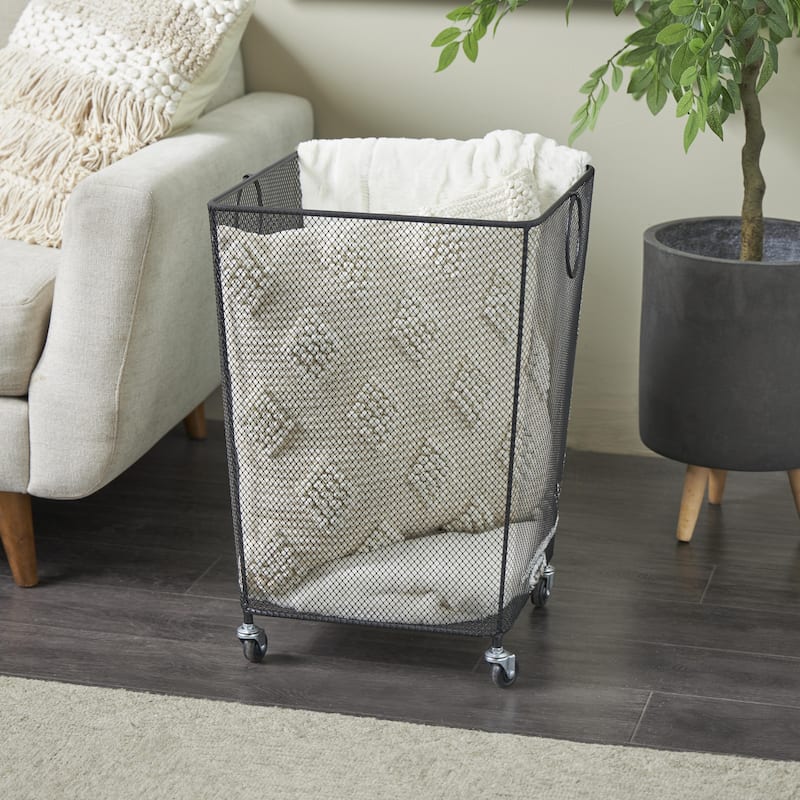 Metal Square Mesh Wire Rolling Laundry Storage Cart with Ring Handles - Black or Gold - Roche River Decor