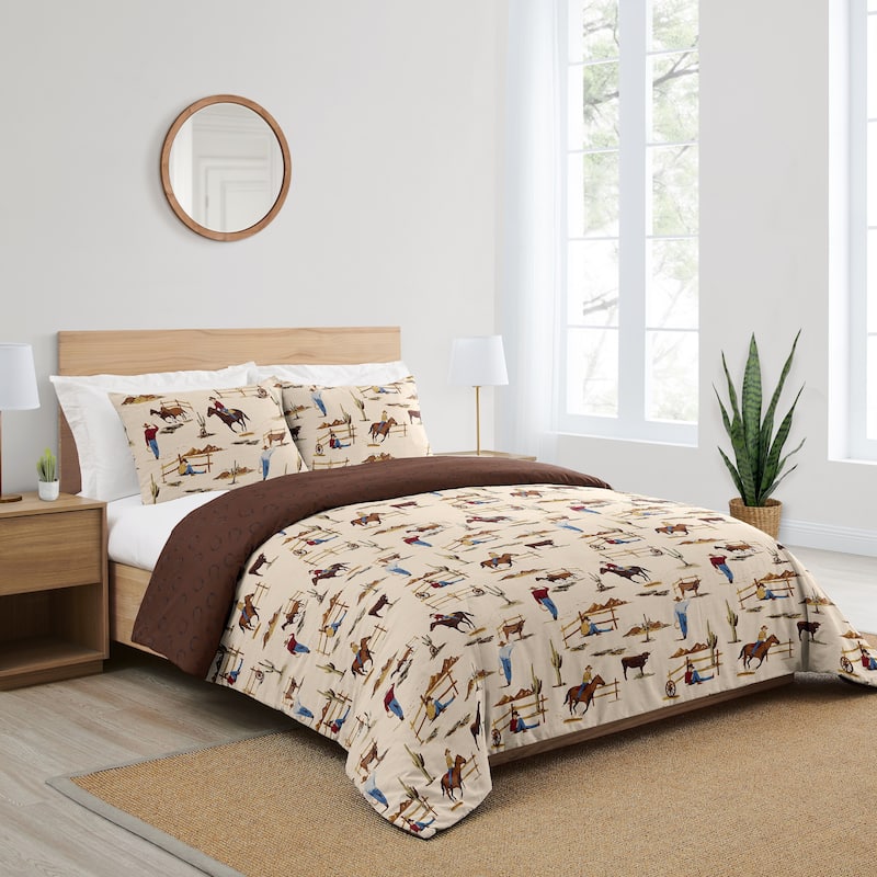 Sweet Jojo Designs Brown Western Cowboy Boy 3p Full/Queen Size Comforter Set Wild West Horseshoe Southern Charm Horse Cow Animal