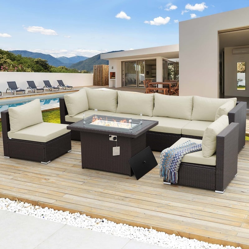7-Piece Outdoor Deep Seating Sectional Wicker Patio Conversation Set with Fire Pit
