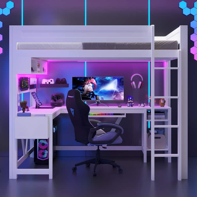 Wood Full Size Gaming Loft Bed Frame with Computer Desk, Grid Storage Panel, Storage Shelves, Cabinet, LED and Charging Station