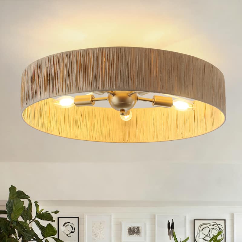 5-Light Natural Raffia Semi Flush Mount Ceiling Light- Farmhouse Rustic - 21.65"x21.65"x7.2"