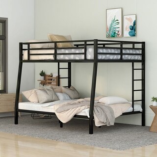 Black Metal Bunk Bed with 2 Side Ladders and Full-Length Guardrail