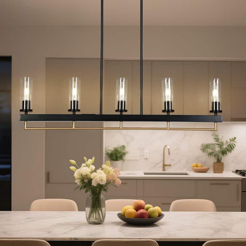 Modern Industrial 5-Light Chandelier Black Gold Kitchen Island Light Fixture with Clear Glass for Dining Room