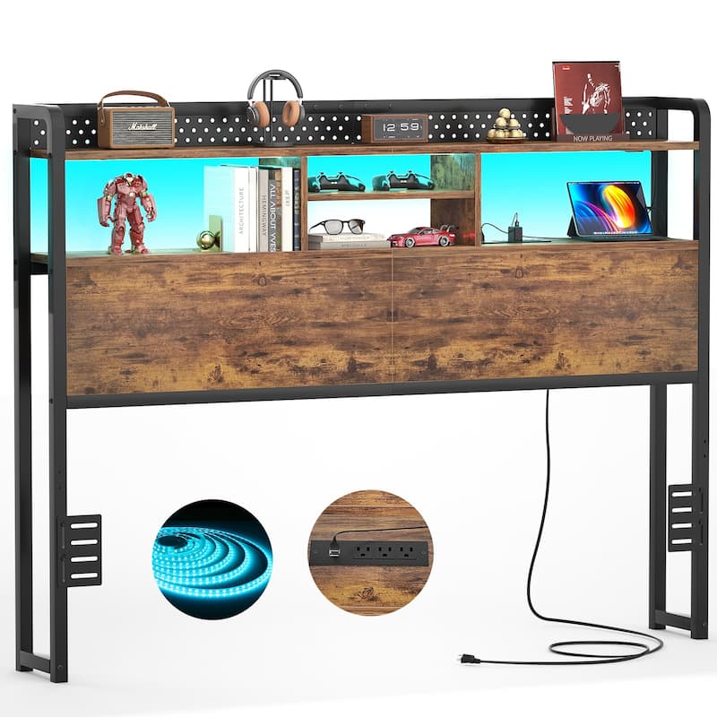 Bed Headboard with Storage Shelf and Charge Station, Height Adjustable Headboard with LED Light