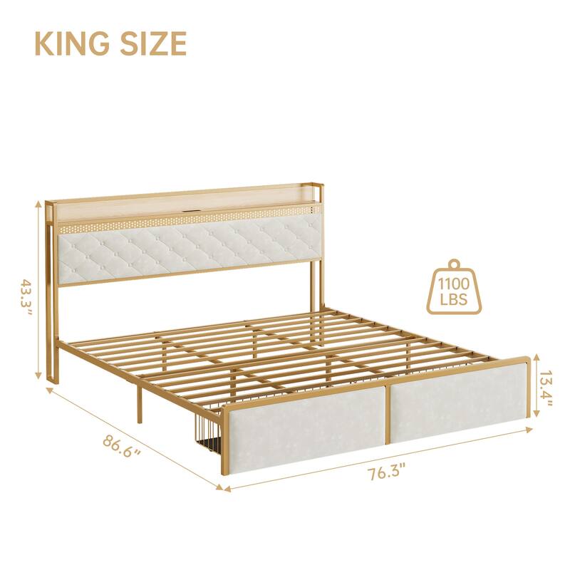 Bed Frame with Storage Headboard and 2 Drawers LED Lights