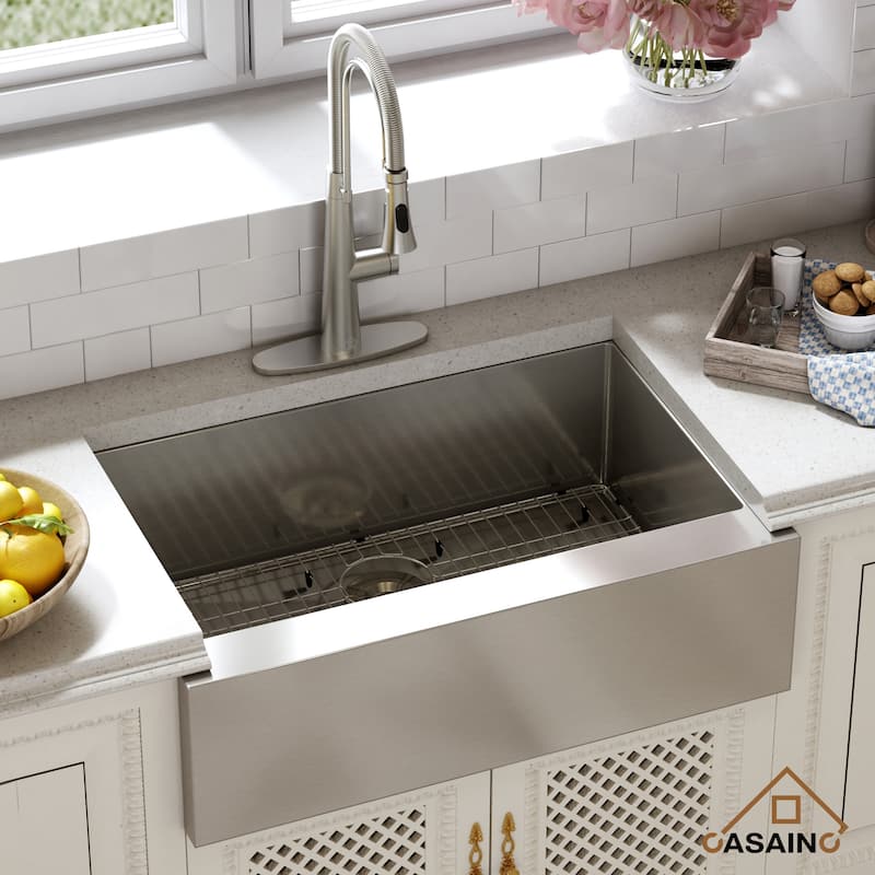 All-in-one Handmade 33 in. Stainless Steel Farmhouse/Apron-Front Kitchen Sink with Faucet, Bottom Grid, and Basket Strainer - Brushed Kitchen Sink+Brushed Nickel Kitchen Faucet