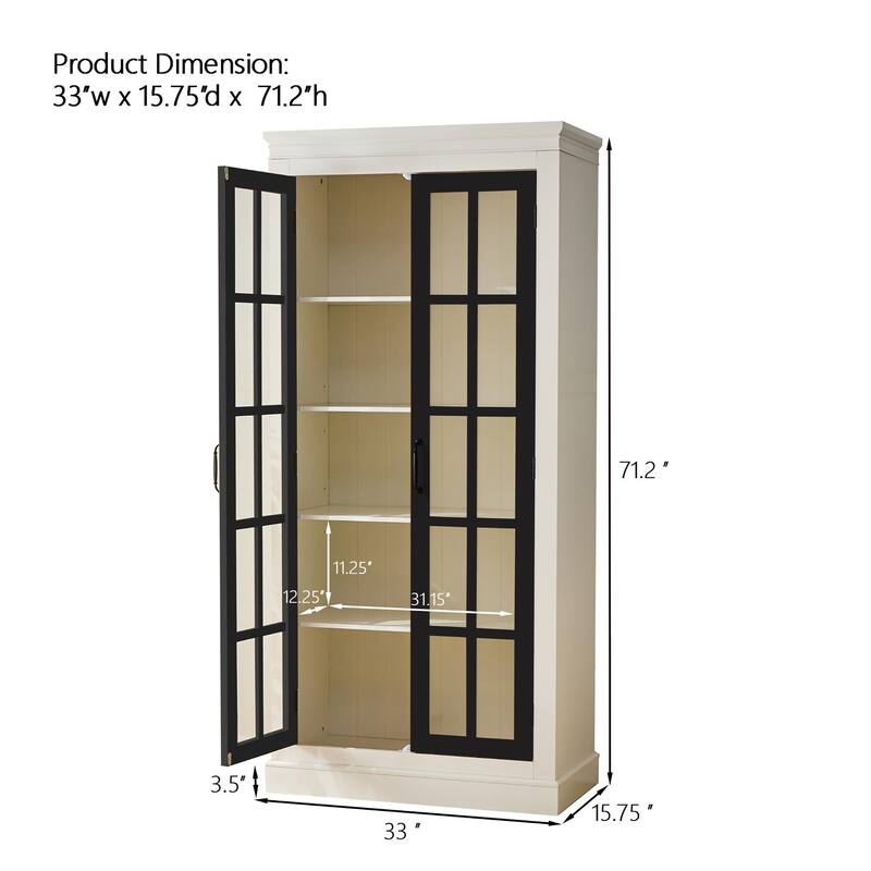 71.2'' Freestanding Pantry Cabinet with Glass Door, Farmhouse Display Cabinets with Storage, Curio Cabinet with Lattice Window - Black,Cream White