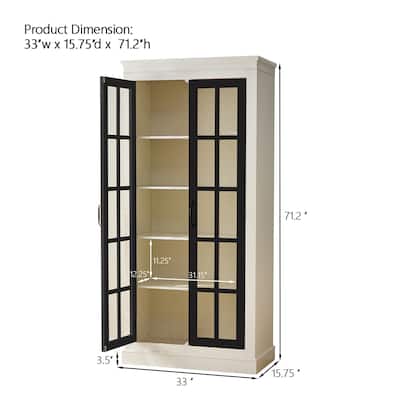 71.2'' Freestanding Pantry Cabinet with Glass Door, Farmhouse Display Cabinets with Storage, Curio Cabinet with Lattice Window