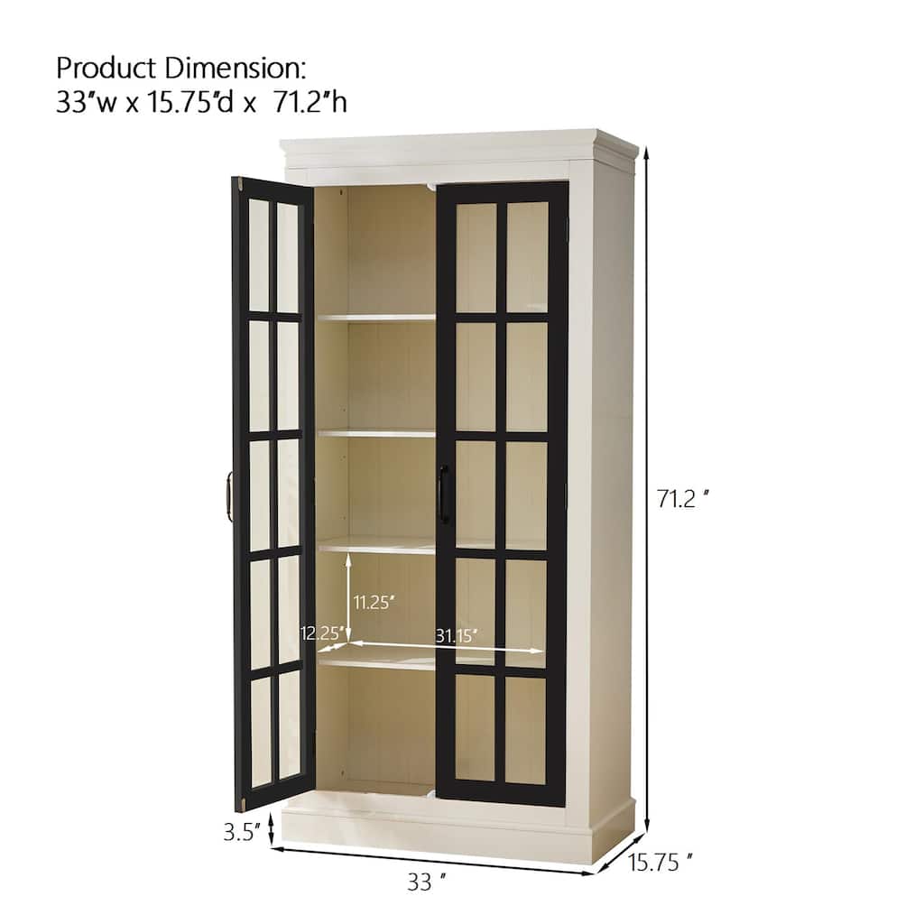 71.2'' Freestanding Pantry Cabinet with Glass Door, Farmhouse Display Cabinets with Storage, Curio Cabinet with Lattice Window